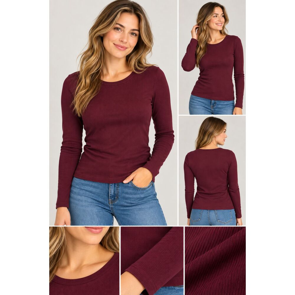 A New Day Women's Size M Burgundy Wine Ribbed Long Sleeve Crew Neck Top NWT #15